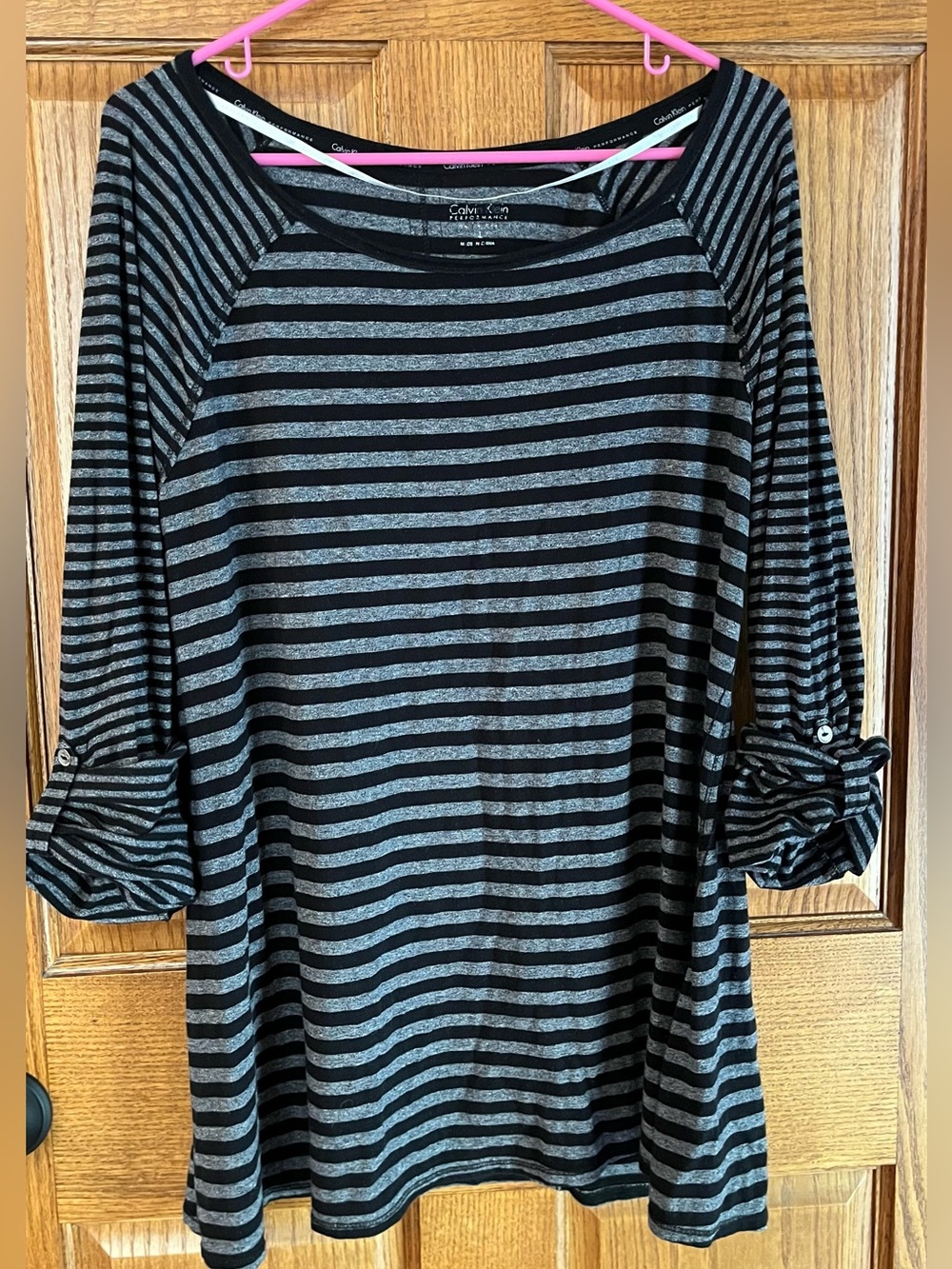 Calvin Klein Black & Gray Striped Women's Top Tunic Scoop Neck Large Size